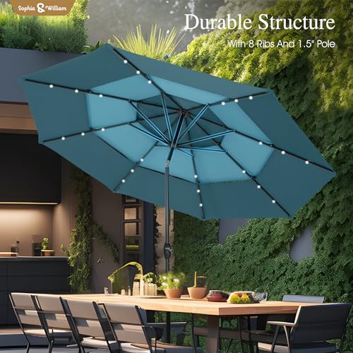 Sophia & William 10ft Patio Umbrellas 3-Tier Umbrella Outdoor Patio Umbrellas with Lights Vented Top 24 LED lights Adjustable Tilt for Pool Garden Backyard, Mixed Peacock - color: Mixed Peacock