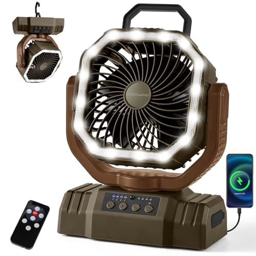 Odoland Portable Camping Fan with LED Lantern, 20000mAh Rechargeable Battery Powered Fan with Auto Oscillation, Timer, Remote, 360° Rotation Hook, 4 Speeds for Power Outage Travel Home,Brown - color: Brown