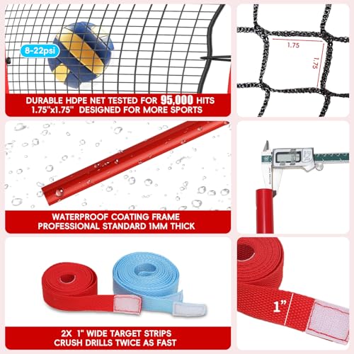 Volleyball Rebounder Net 7x4 Ft, 5-Angle Adjustable Rebounder Net for Practicing Digging, Setting, Spiking, Bounce Back Training Equipment with 2 Target Stripes & Portable Travel Bag for Storage - color: FBM-NET101-2-Red