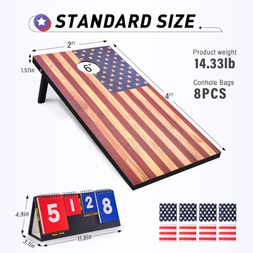 4x2 Ft Cornhole Boards Set, Premium Regulation Size Cornhole Boards with 8 All-Weather Bean Bags, Carrying Case and Scoreboard - style: 4'x2' American Flag