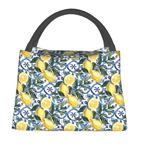 MIEPOSLemon Lunch Box with Mediterranean Citrus Tile Pattern for Girls and Adults,Lightweight Handbag with Zipper Closure,Portable Cosmetic Bag for School,Work,Office,Travel and Picnic Gifts - color: Lemon