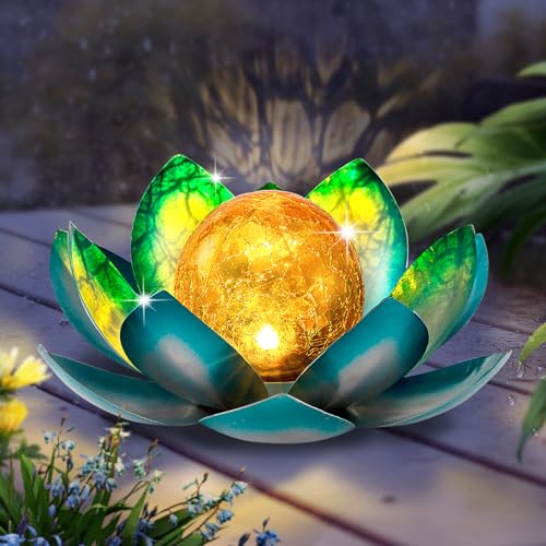 AIINY Solar Light Outdoor(2Pack), Art Crackle Globe Glass Lotus Decoration, Solar LED Waterproof Blue Metal Flower Lights for Patio,Lawn,Walkway,Tabletop - color: Blue