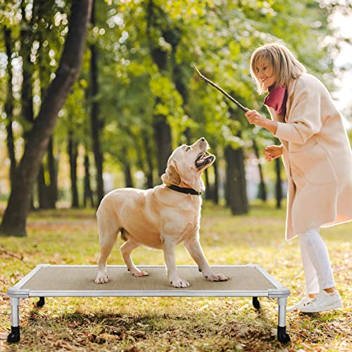 Veehoo Chew Proof Elevated Dog Bed - Cooling Raised Pet Cot - Silver Aluminum Frame and Durable Textilene Mesh Fabric, Unique Designed No-Slip Feet for Indoor or Outdoor Use, Beige Coffee, Large - color: Beige Coffee, size: 42.0"L x 30.0"W x 7.0"Th