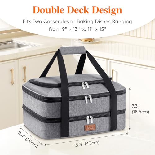 Lifewit Double Decker Casserole Carrier for Hot and Cold Food, Insulated Casserole Dish Carrier Carrying Case with Tool Room, Thermal Bag for Potluck Parties Cookouts Fits 9"×13" Baking Dish, Gray - color: Gray