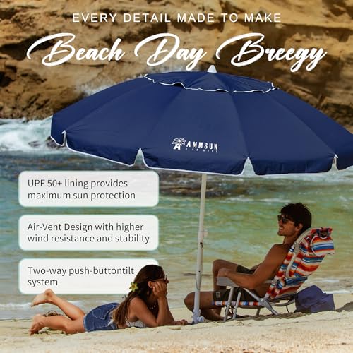 AMMSUN 8 Feet Large Beach Umbrella with Sand Anchor Heavy Duty High Wind Portable Outdoor Umbrellas UV 50+ Protection Air Vent Tilt Patio Garden Pool - color: Navy