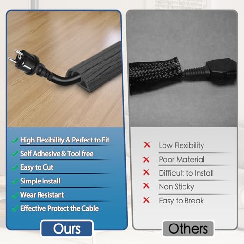 Floor Cord Cover for Wires on Floor Self Adhesive Cord Hider Floor Cable Management Wire Covers for Cords Protector Prevent Cable Trips Cord Cavity W 0.32" x H 0.32", Deep Gray Wood, 10Ft - color: Deep Gray Wood, size: 0.78 In x 10 Ft