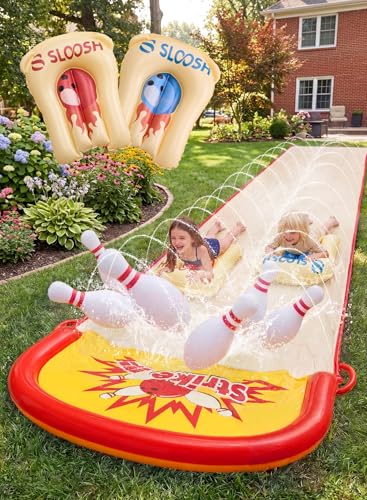 Sloosh 20FT Lawn Water Slide Bowling Game Set,Water Slides and 2 Bodyboards Summer Slip Waterslide Toy with Build in Sprinkler for Backyard Outdoor Fun for Kids