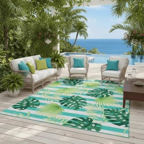 Waterproof 7x10 Outdoor Patio Rug Boho Tropical Palm Monstera Stripe Style Washable Outside Area Rugs for Porch Deck Garden Balcony Foldable RV Camping Picnic Outdoor Carpet Emerald Green - color: B, size: 7x10