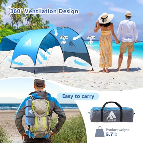 Beach Tent - Beach Shade Canopy Compact Fold (16.9x3.9″), Own Patent, 360° Ventilation, Large Side Storage Pocket, UV Protection Portable Sun Shelter for Beach (Blue, 90.5*59*53″ with 74.8*74.8″ sail) - size: 90.5*59*53″ with sail
