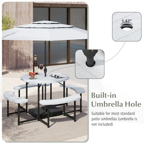 Byroce 8-Person Picnic Table for Outdoors, HDPE Picnic Table Set with 4 Benches, Umbrella Hole & Metal Frame, Heavy Duty Round Dining Table Chairs for BBQ Party in Patio, Yard & Poolside (White) - color: White