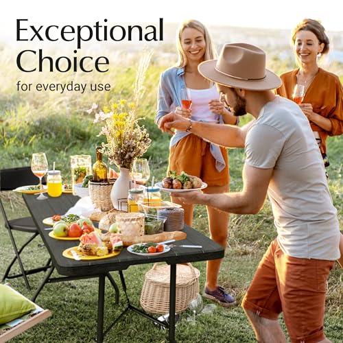6 Feet Foldable Table with Built in Handle & Steel Legs | 6FT Heavy Duty Folding Portable | Perfect for Party, Dining, Wedding, Events, Picnic Indoor, Outdoor, Camping, Utility, Folding - 6 Foot - color: Black, size: 6 FT