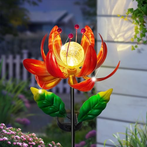 Solar Lights Outdoor Wind Spinners, Metal Lotus Flower Garden Decor with Waterproof LED Crackle Glass Globe for Patio Lawn Yard Outdoor Decor - color: Red