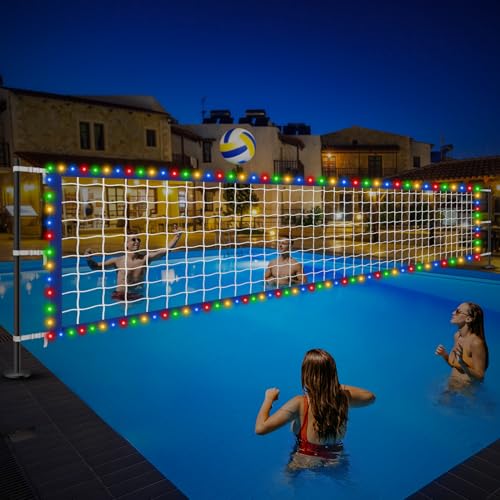 Upgraded Pool Volleyball Net, 15x3FT Pool Volleyball Net for Inground Pool Games for Adults and Family 2026 Summer Pool Floaties Party Gift - color: White Blue with Lights