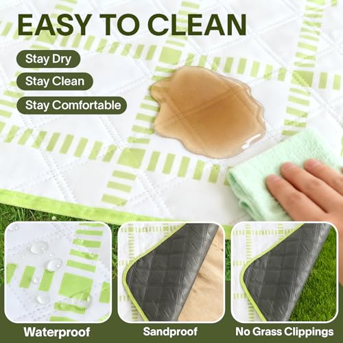 Alvantor® Extra Large Picnic Blanket, 80"x80" Waterproof Outdoor Blanket, Foldable Camping Blanket with Hook & Loop Straps, Portable for Beach, Park, Travel, Sandproof, Soft & Durable,Green - color: Green and White