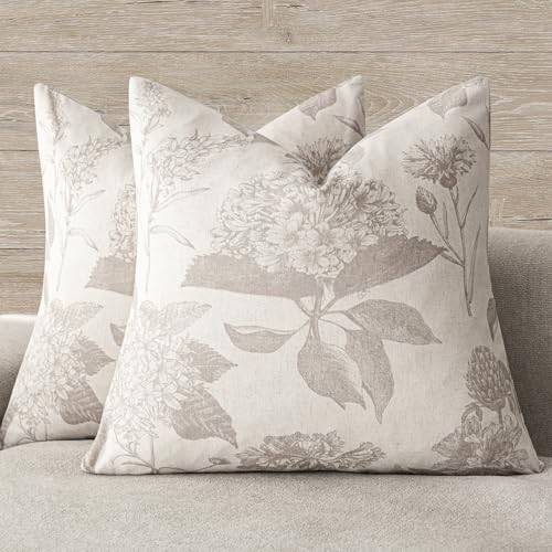 Foindtower Set of 2 Linen Floral Vintage Throw Pillow Covers Neutral Accent Decorative Cushion Covers Farmhouse Boho Home Decor for Sofa Chair Couch Bedroom Living Room,22×22 Inch,Tan Beige - color: Doeskin, size: 22" x 22" (Pack of 2)
