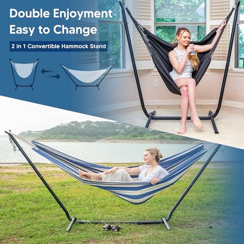 SUNCREAT 2-in-1 Convertible Free Standing Hammock with Stand Included, Camping Backyard Hammock with Stand, Patented, Blue & White Stripe - color: A-blue & White Stripe