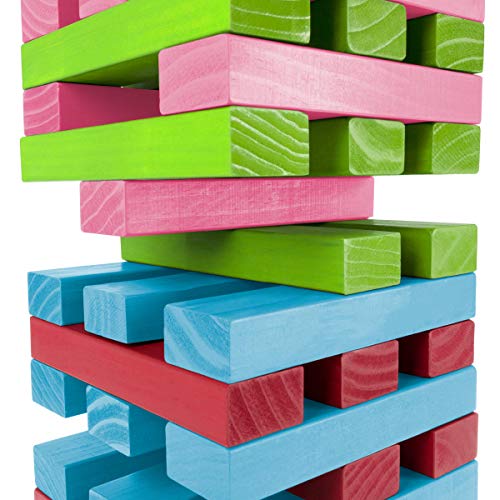 HEY! PLAY! Nontraditional Giant Wooden Blocks Tower Stacking Game with Dice, Outdoor Yard Game, for Adults, Kids, Boys and Girls (Rainbow Color)