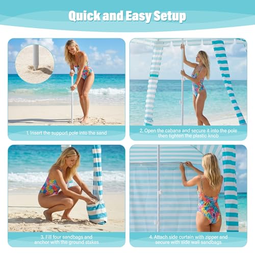 Umineux Beach Cabana - 8FT Beach Canopy with Side Wall, Easy Setup Beach Tent Sun Shelter, Waterproof Tent - Portable Shade for Whole Family (Green Stripes) - color: Green Stripes, size: 8ft