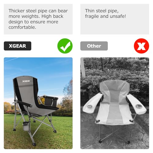 XGEAR Camping Chair with Padded Hard Armrest, Sturdy Folding Camp Chair with Cup Holder, Storage Pockets Carry Bag Included, Support to 400 lbs - color: 1-grey