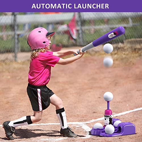 QDRAGON 2 in 1 T Ball Sets for Kids 3-5 5-8, Tee Ball Set with Automatic Pitching Machine/Adjustable Batting Bat & Stand/6 Balls, Baseball Toys Outdoor Sport for Toddlers Girls, Pink - color: Pink