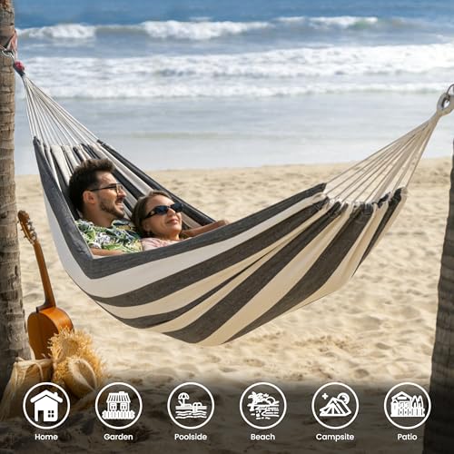 Lazy Daze Hammocks Double Brazilian Cotton Hammock, Extra Large Portable Outdoor Camping Hammock with Tree Straps & Travel Bag for Backyard Patio Poolside Indoor, 550lbs Capacity, Black & White - color: Black & White