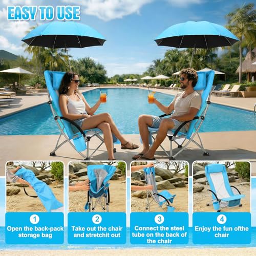Colingmill 4 Pcs Low Beach Chair with Umbrella Camping Chair Backpack Folding Recliner Mesh Back with Headrest Cup Holder Carry Bag for Summer Tent Picnics Outdoor Travel Barbecues (Sky Blue) - color: Sky Blue