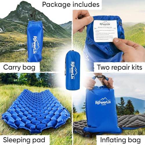 POWERLIX Camping Sleeping Pad - Ultralight Inflatable Camping Mattress Sleeping Mat for Backpacking, Hiking, Compact Lightweight Sleeping Pad for Camping, Inflation Bag/Repair Kit Included - color: Blue & Grey