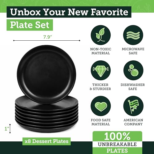 Grow Forward Premium Wheat Straw Plates - 8 Inch Reusable Hard Plastic Dinner Plates Set of 8 - Unbreakable Microwave Safe Plates for Dessert, Camping, RV, Outdoors, Patio, Kitchen Dishes - Midnight - color: Midnight Black, size: 8 inch