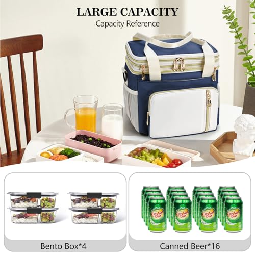 Lunch Box & Lunch Bag for Women Men, Large Insulated Adult Lunch Box Leakproof Lunchbox Cooler Bag for Work Picnic Beach,16L, Dark Blue & White - color: Navy Blue