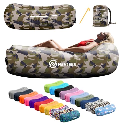 Nevlers Camouflage Inflatable Chair | 210T Polyester Blow Up Chair | No-Pump Air Couch | Inflatable Sofa w/ 450lbs. Capacity, Pockets & Matching Bag | Use as Blow Up Couch for Adults & Children - color: Camouflage, size: 1 Pack