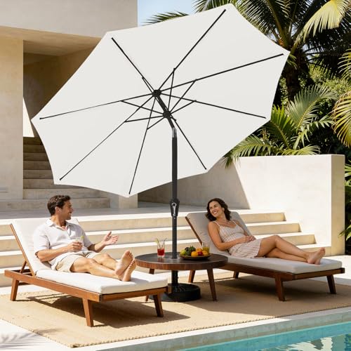 MEWAY 9ft Patio Umbrella Outdoor Table Umbrellas with Push Button Tilt and Crank, Market Umbrella 8 Sturdy Ribs for Deck, Garden, Pool and Backyard, Creamy-white - color: Creamy-white, size: 9ft
