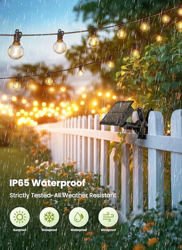 Brightown Solar String Lights Outdoor Waterproof with Remote Cable Ties and Hooks, 38FT Patio Lights with 15 LED Shatterproof Bulbs, 3 Light Modes, Dimmable Hanging Lights for Backyard Party Decor - size: 38FT G40