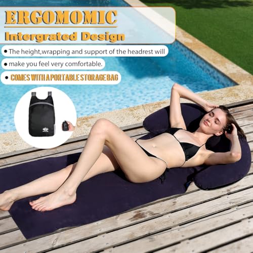Inflatable Beach Mat Lounge Chair, Outdoor Sunbathing Sleeping Pad with Inflatable Pillow, Portable Flocking Beach Lounge Chair, Suitable for Lawn, Outdoor Camping, Travel, Beach Vacation (Navy) - color: Navy