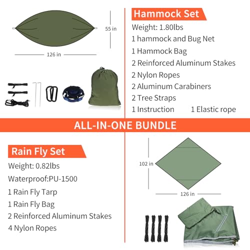 NewDoar Camping Hammock with Mosquito Net and Rain Fly Tarp,Portable Single Nylon Parachute Hammock Rainfly Set,Tree Straps Swing Hammock Bed for Outdoor Backpacking Backyard Hiking(ArmyGreen)