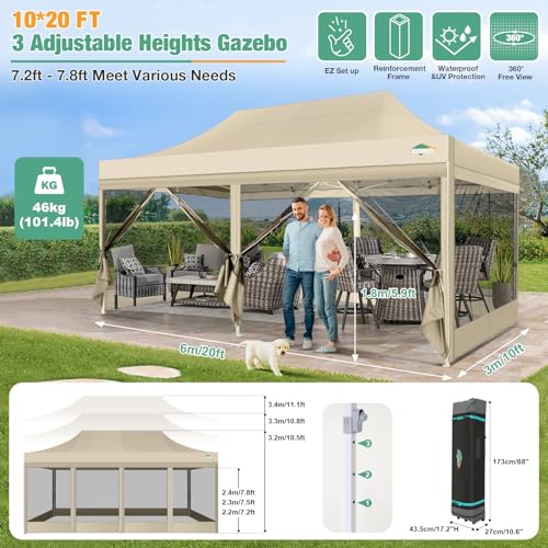 COBIZI 10x20 Canopy Tent, Heavy Duty Pop up Canopy with Sidewalls, Waterproof Easy Setup Canopy with Mosquito Netting, Outdoor Instant Screen Tents for Parties, Wedding with Roller Bag, Khaki - color: Khaki, size: 10x20FT