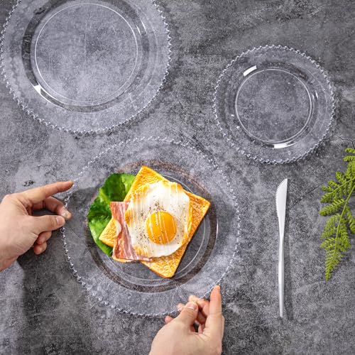 U-QE 60PCS Clear Plastic Plates - Fancy Beaded Plates Disposable Heavy Duty - Premium Hard Plastic Plate for Party, Wedding & Birthday Including 30 Dinner10 & 30 Dessert Plate 7" - color: Clear