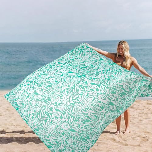 Beach Blanket Waterproof Sandproof Oversized, 110''×118'' Extra Large Beach Mat Sand Free, Lightweight Compact Folable Pinic Blanket w/ 4 Stakes & Pockets for Camping, Travel - color: Larkspur Mint, size: 9x10 FT (1～8 person)