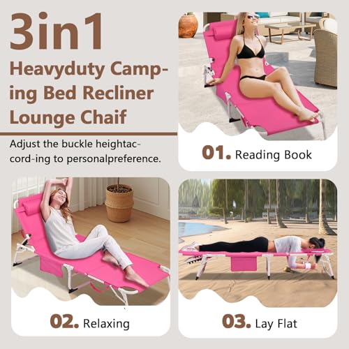 3-in-1 Heavy Duty Tanning Chair with Face Hole Adjustable 5-Position Folding Chaise Lounge Chairs Portable Lay Flat Beach Lounge Chair for Outdoor Sunbathing Patio Pool Lawn Camping Deck (Pink) - color: Pink