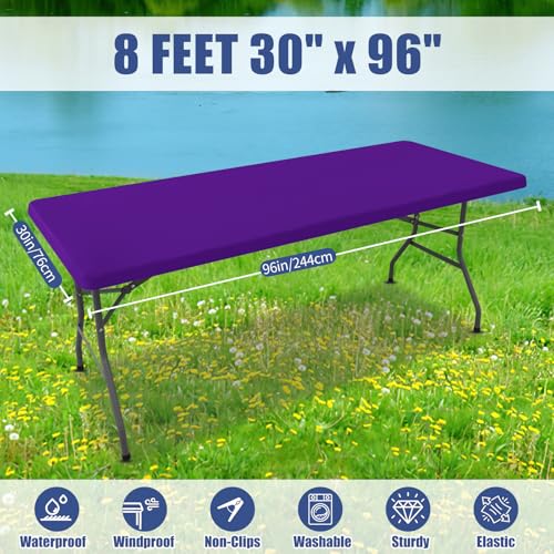 Moosfor Spandex 8 Foot Rectangle Table Cloth, Elastic Fitted Tablecloths for Picnic, Stretch Washable Patio Table Cover for Outdoor, Camping, Banquet and Parties (Purple, 30"x96") - color: Purple, size: 96" x 30" (Rectangular)