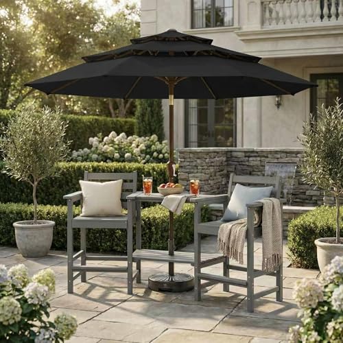 Kingdura 9ft 3-Tier Patio Umbrella, Outdoor Table Umbrella with Easy Crank & Tilt, 8 Reinforced Ribs, UV Protection for Deck, Pool, Market, Backyard (Black) - color: Black, size: 9 FT