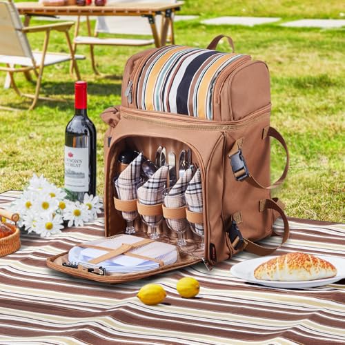 VEVOR Picnic Backpack, Beach Picnic Backpack Bag for 4 Person with Insulated Cooler Compartment, Detachable Bottle/Wine Holder, Lightweight Blanket, Plates and Cutlery Set for Hiking & Camping, Brown - size: double layer for 4 & browne