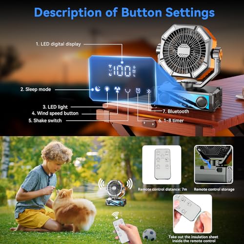 Portable fan rechargeable with 5.3 Bluetooth Speaker, 25000mAh Camping Fan with 5 Speed Touch Control & 3-Mode LED Light, Remote, USB/Type-C Ports, 1-8H Timer for Party, Travel, BBQ, Indoor, Outages - color: Orange