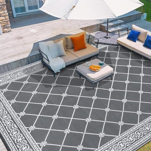 Outdoor Rugs 8'x10' for Patios Waterproof RV Mats Camping Rug Outdoor Area Rug Lightweight Portable Outdoor Plastic Straw Rug for Patio, RV, Camping, Balcony, Beach - color: Classic Grey, size: 8' x 10'