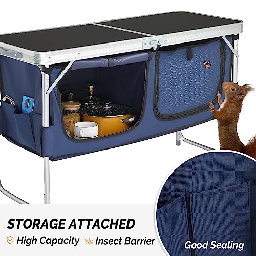 VINGLI 4 Ft Folding Table, Aluminum Camping Table, Picnic Table with Storage, Adjustable Height for Outdoor Beach BBQ Backyards Travel Party (Black ＆ Blue) - color: Black ＆ Blue