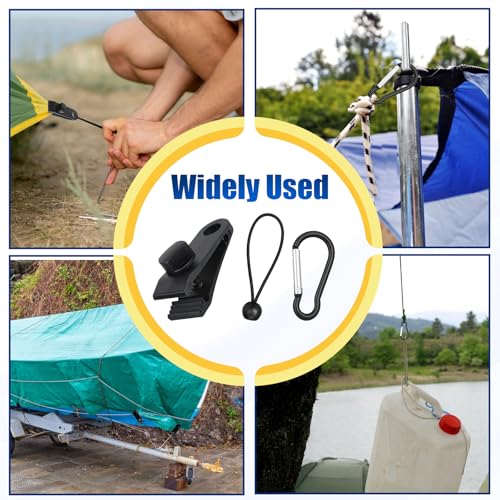 60 Pcs Heavy Duty Tarp Clips, Premium PA Tarp Clamps Kit with Lock Grip, Bungee Cords and Carabiners for Secure Fastening Awning, Swimming Pool Cover, Canopy, Shade Cloth, Camping Tents Accessories