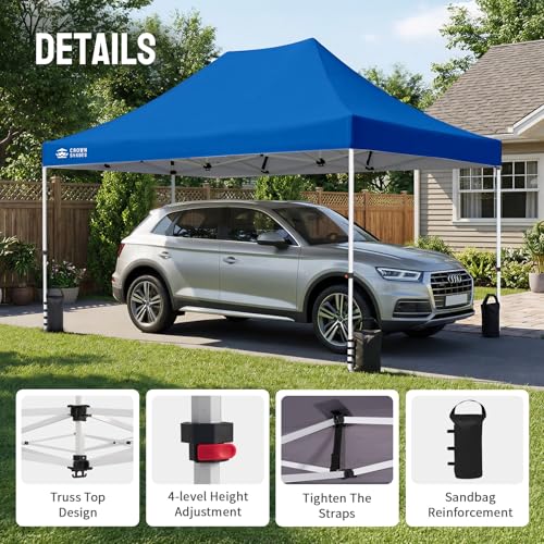 CROWN SHADES 10x15 Pop Up Canopy Tent, Thicken Frame Commercial Heavy Duty Tent, 8 Stakes & 4 Sandbags & 4 Ropes, Outdoor Canopies for Events, Parties,Blue - color: Blue, size: 10x15