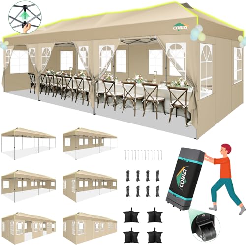 COBIZI 10x30 Pop Up Canopy One Push Party Tent with Air Vent Waterproof Commercial Outdoor Patio Gazebo with 8 Removable Sidewalls, 3 Adjustable Height for Parties, Roller Bag, Sandbag, Khaki - color: Khaki, size: 10x20【with 6 sidewalls】