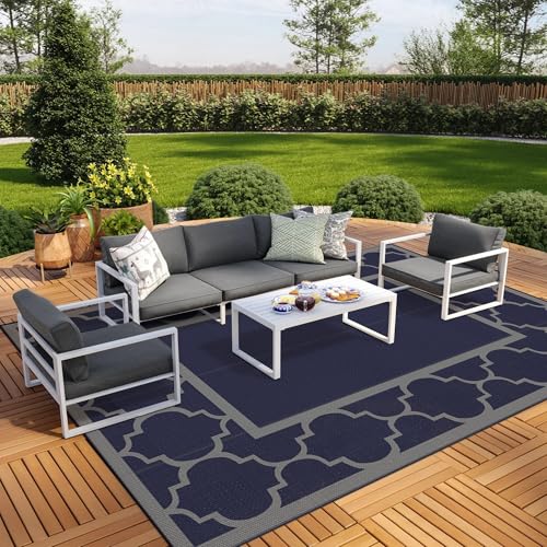GENIMO 10 ' x 14 ' Outdoor Rug Waterproof for Patio Decor, Foldable Reversible Plastic Straw Area Rugs Mat for Camper, Outside Carpet for Rv, Deck, Porch, Picnic, Beach, Balcony, Blue & Grey - color: Blue & Grey, size: 10' x 14' (Rectangular)