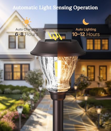 XMCOSY+ Solar Pathway Lights Outdoor, 8 Pack Decorative Crackled Glass Garden Lights, Soft Warm White Glow, Auto On/Off Waterproof Landscape Lighting for Yard Walkway Patio - size: 8 Packs