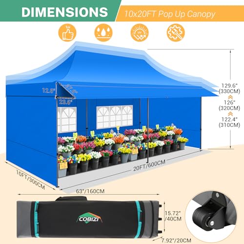 COBIZI 10x20 Pop Up Canopy Tent with Awning & Sidewalls, Heavy Duty Commercial 10X20 Canopy Tents Instant Waterproof, UPF 50+ Sun Shade for Outdoor, Parties, Markets (Blue) - color: Blue, size: 10x20FT with 4 Sidewalls & 1 Awning Cloth